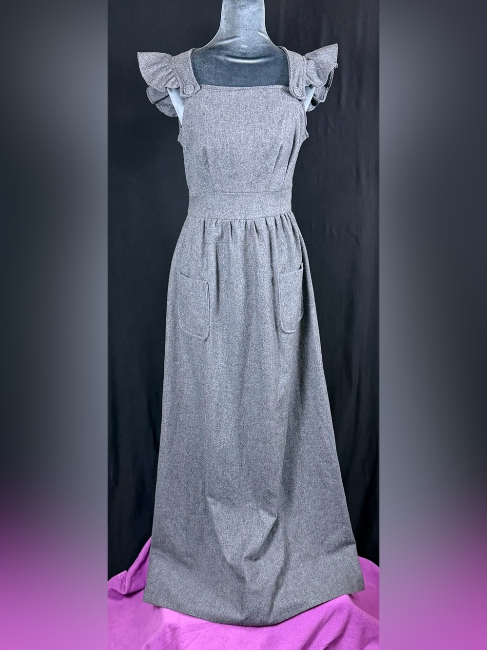 MCM VTG Wool High-Waist Gray Bib Dress Pockets VTG crown CC zipper military cold
